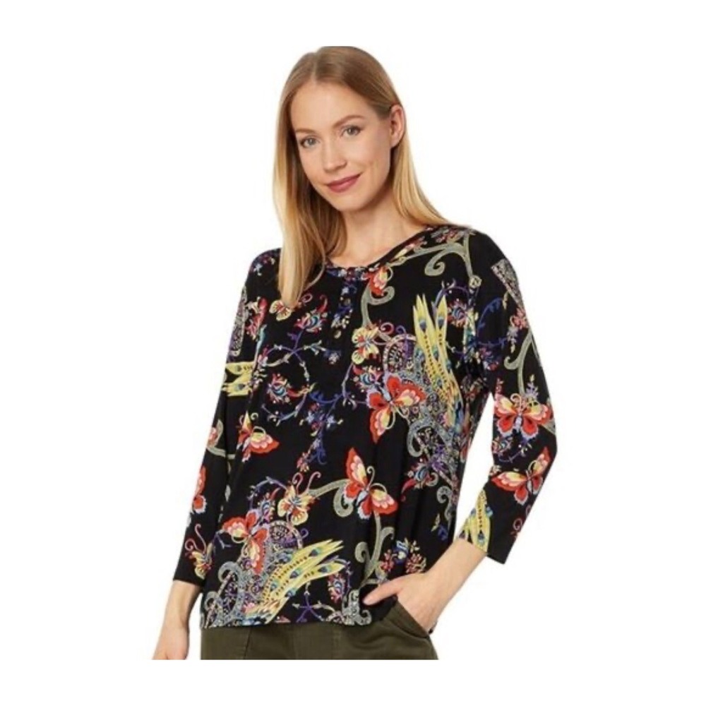 Johnny Was Henley Top M Black Butterfly Peacock Floral Bamboo Viscose Boho Top